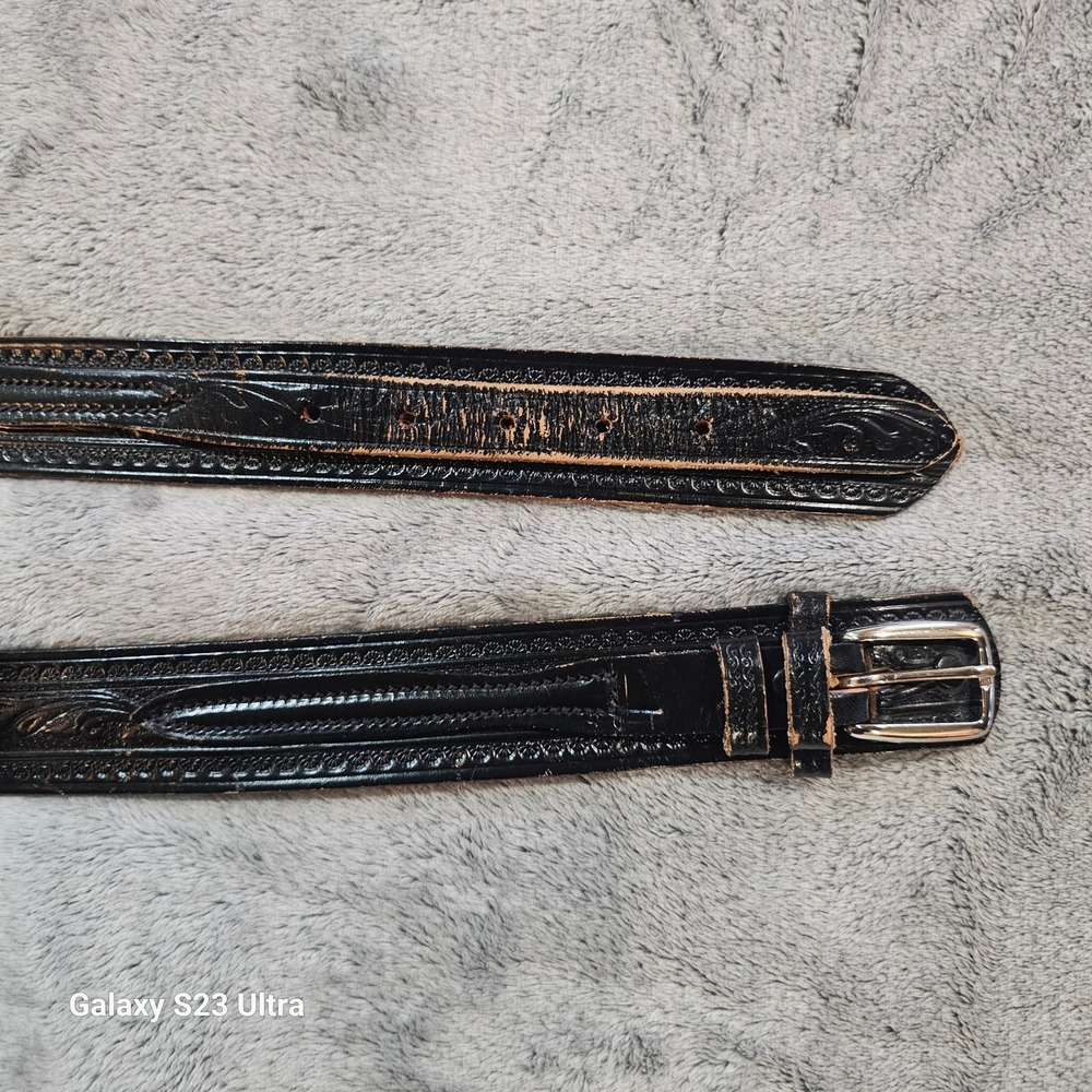 VOGEL OF TEXAS BLACK STEERHIDE LEATHER EMBOSSED FRONTIER BELT Sz 38, 1.75" wide